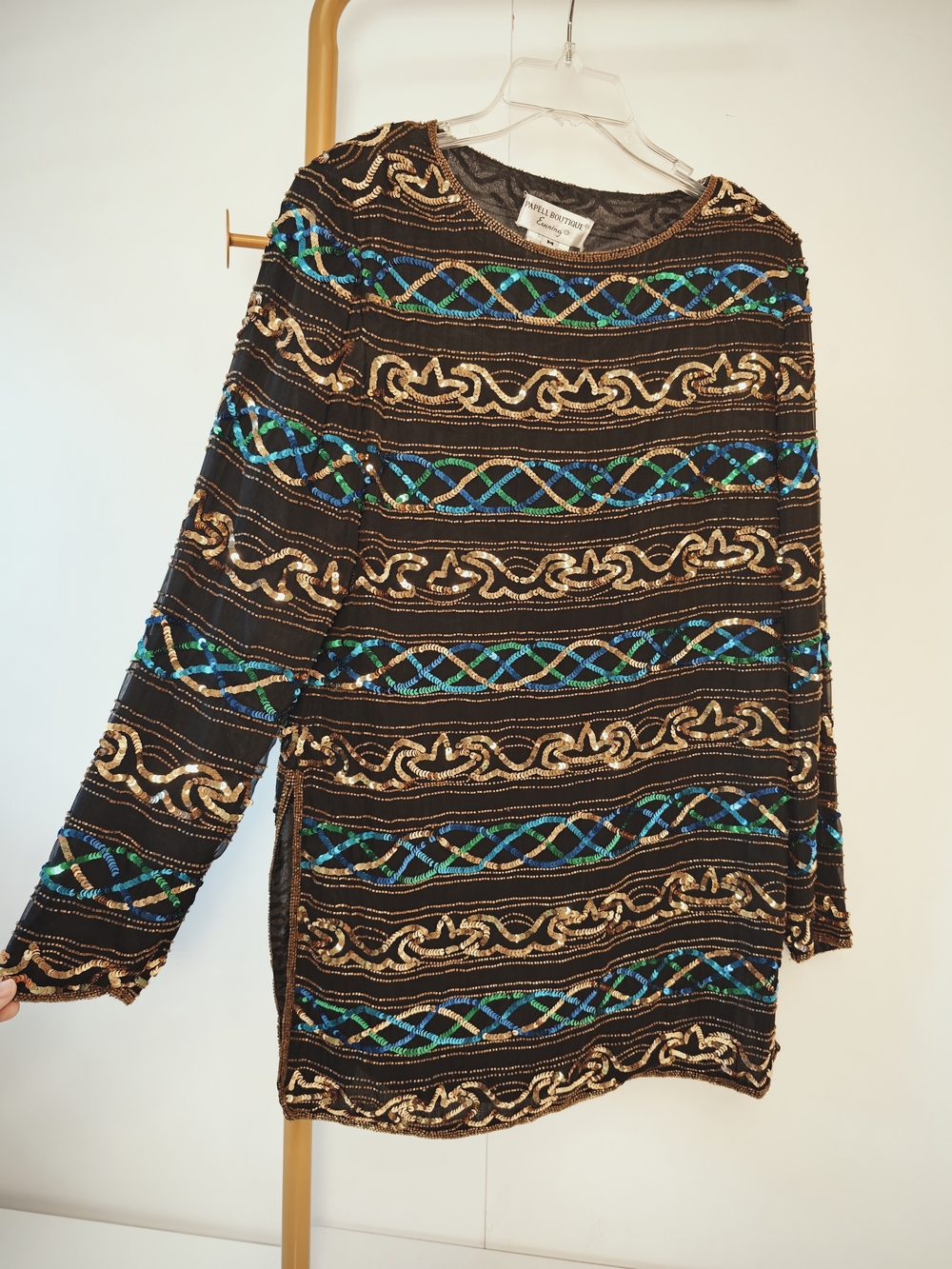 Vintage Papell Boutique 80s Silk Sequin Stripe Blouse Black Gold Teal Medium